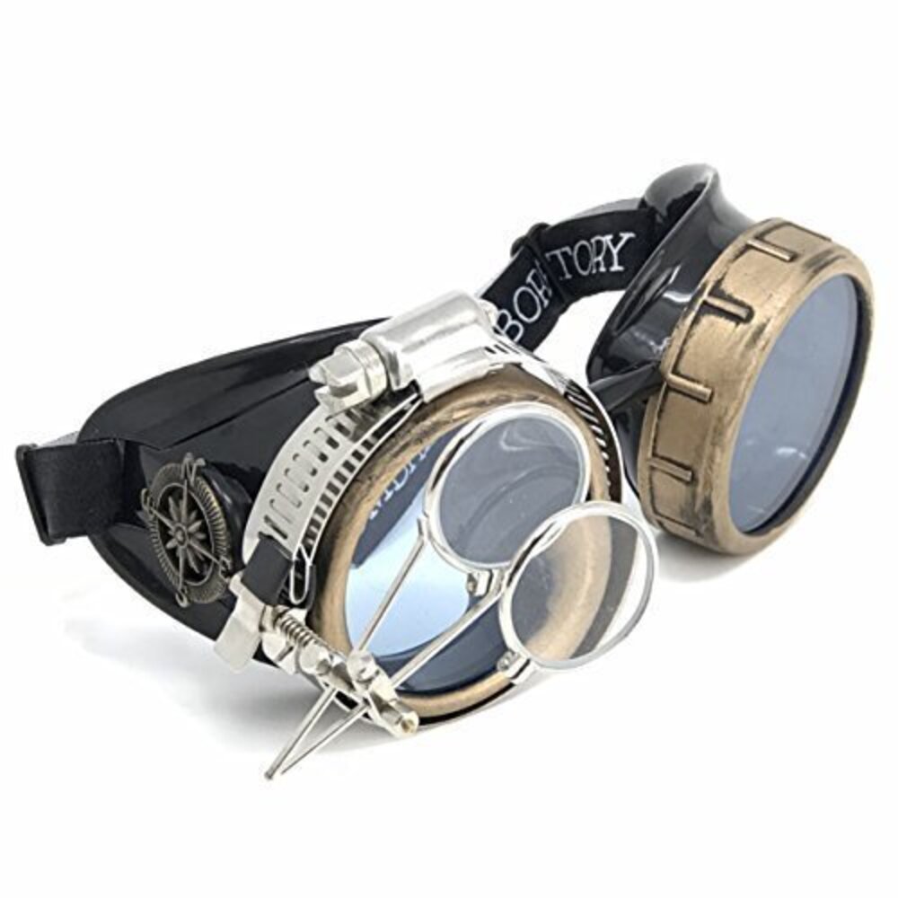 9991 Steampunk Victorian Style Goggles with Compass Design, Neon Blue